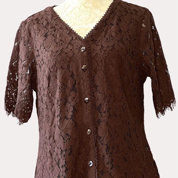 Isaac Mizrahi Lace Button Front Blouse Top Brown XS - Picture 3 of 8